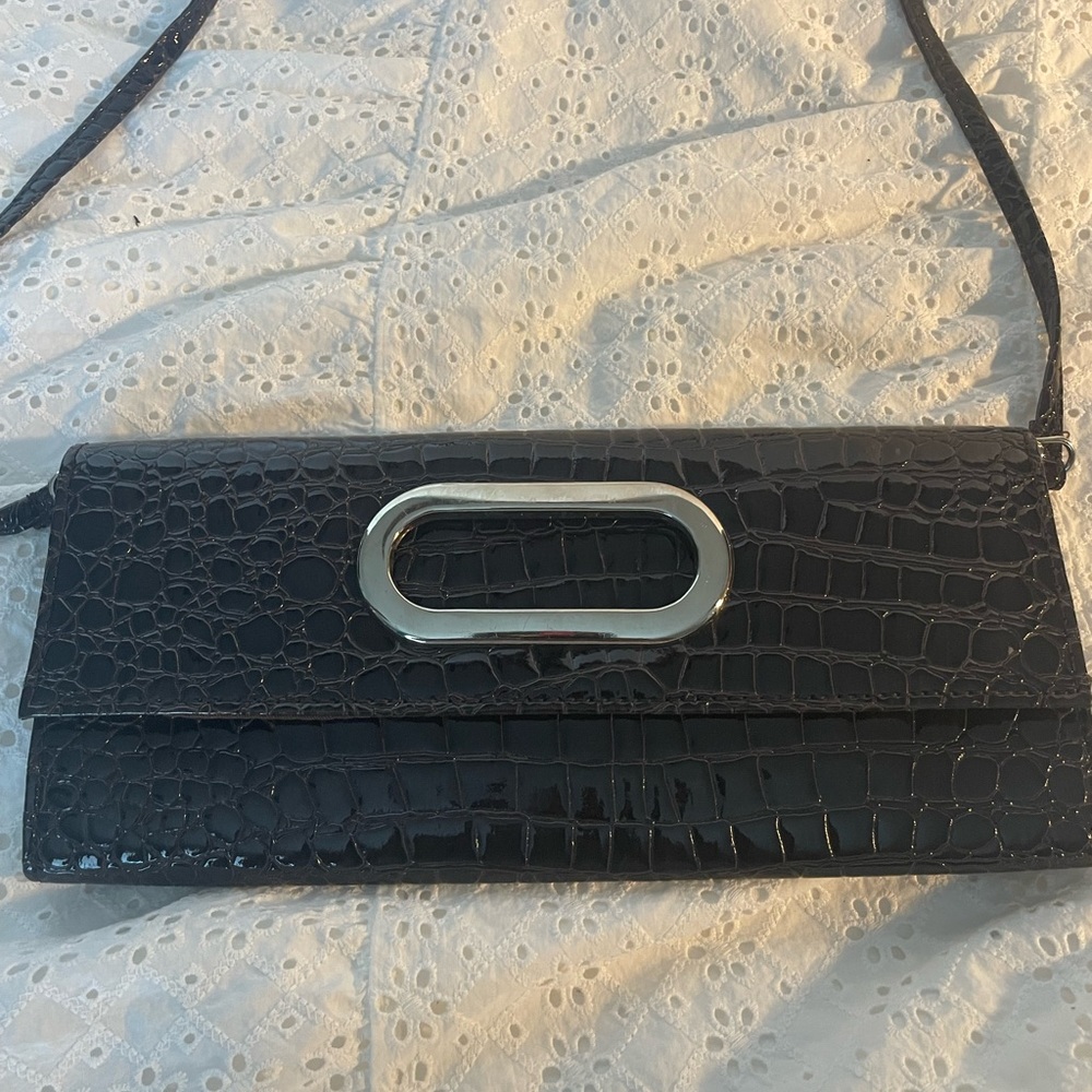 Deep Chocolate Faux Crocodile Clutch with Strap